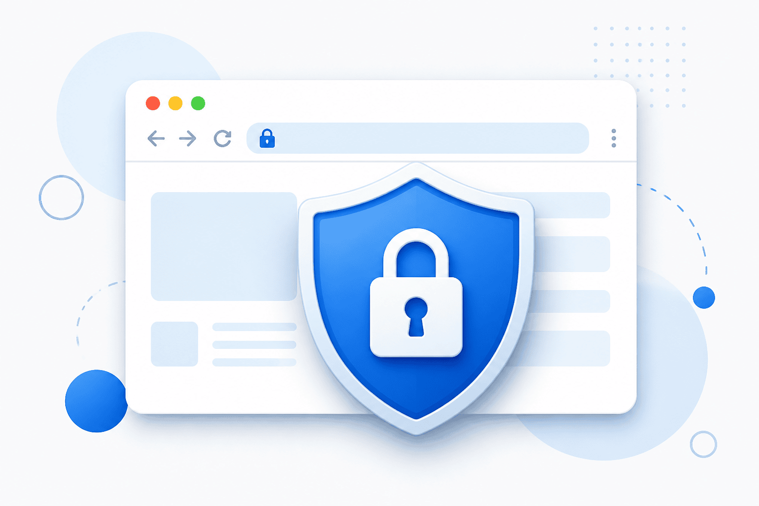 Illustration of in-browser encryption: a lock in the address bar and a shield, compute staying on this page